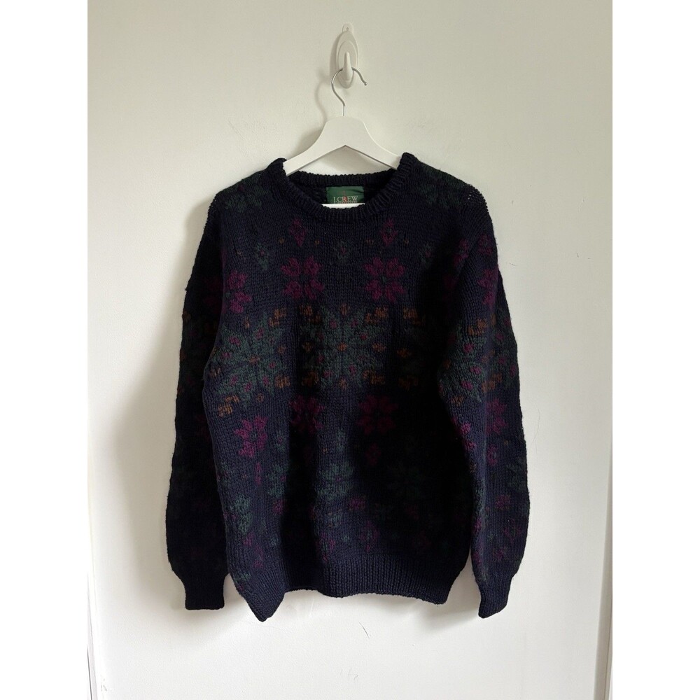 Vintage J Crew Wool Sweater Floral Sz Large Geometric Chunky preppy